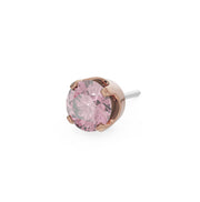 14k rose gold 2mm pink sapphire solitaire threadless piercing stud end, angled side view