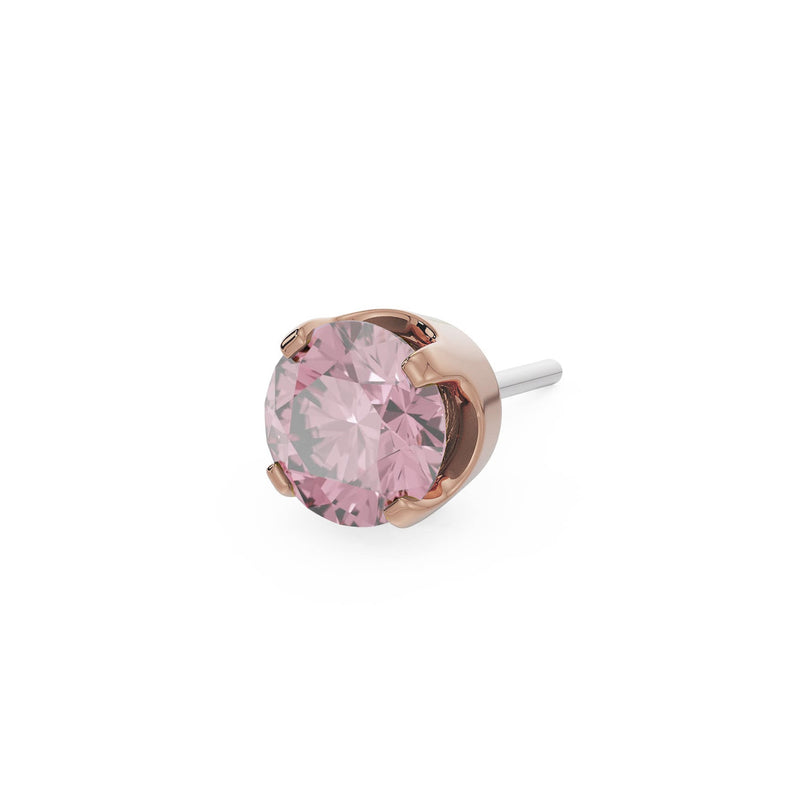 14k rose gold 2mm pink sapphire solitaire threadless piercing stud end, angled side view