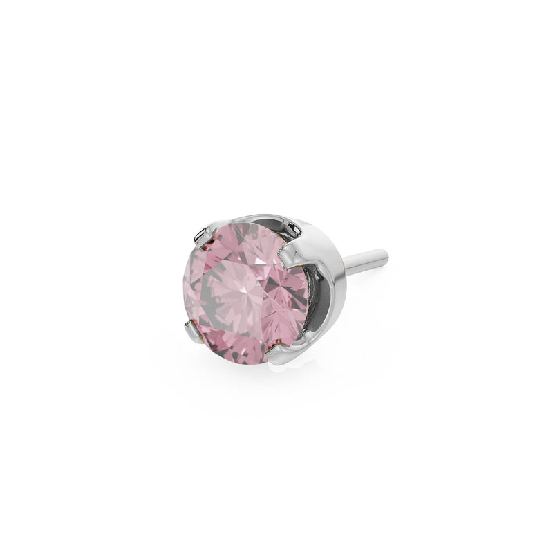14k white gold 2mm pink sapphire solitaire threadless piercing stud end, angled side view