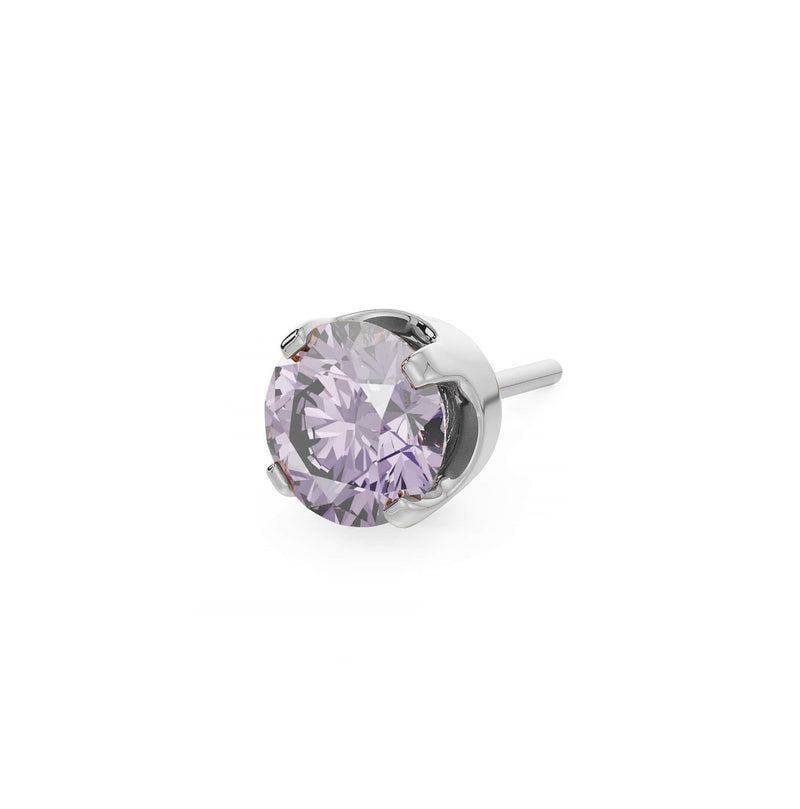 14k white gold 2mm purple sapphire solitaire threadless piercing stud end, angled side view