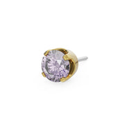 14k yellow gold 2mm purple sapphire solitaire threadless piercing stud end, angled side view