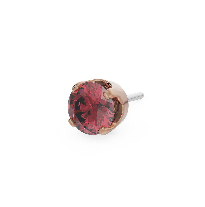 14k rose gold 2mm ruby solitaire threadless piercing stud end, angled side view