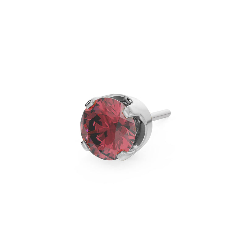 14k white gold 2mm ruby solitaire threadless piercing stud end, angled side view