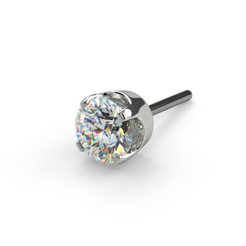 14k white gold CZ solitaire prong threadless push pin end, angled front view showing four-prong setting