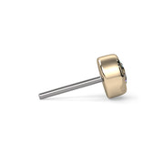 Side profile of 14k yellow gold diamond bezel threadless push pin end showing steel pin and bezel depth