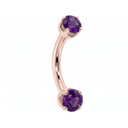 14k rose gold dainty 18G curved barbell with two 2mm round amethyst gems, angled view