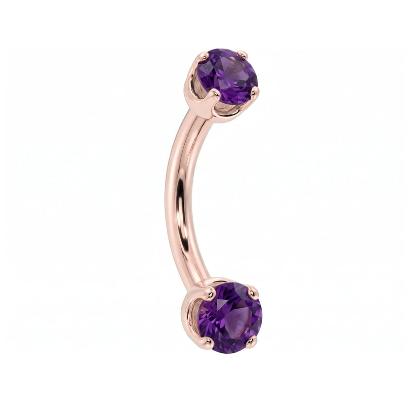 14k rose gold dainty 18G curved barbell with two 2mm round amethyst gems, angled view