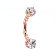 14k rose gold dainty 18G curved barbell with two 2mm round clear gems, angled view