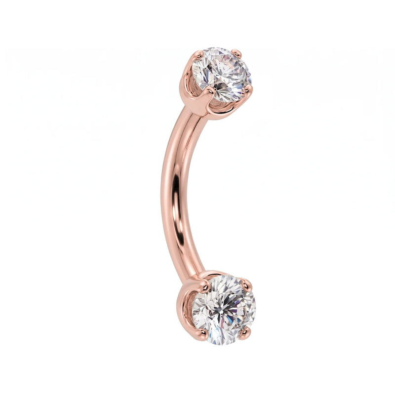 14k rose gold dainty 18G curved barbell with two 2mm round clear gems, angled view