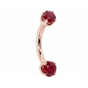 14k rose gold dainty 18G curved barbell with two 2mm round rubies, angled view