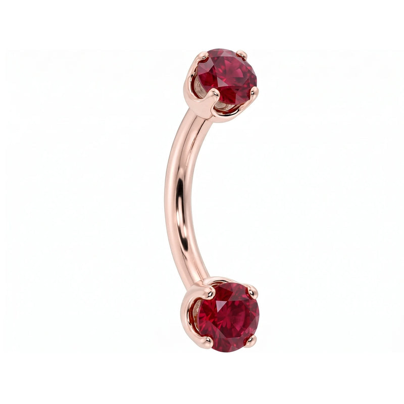 14k rose gold dainty 18G curved barbell with two 2mm round rubies, angled view