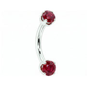 14k white gold dainty 18G curved barbell with two 2mm round rubies, angled view