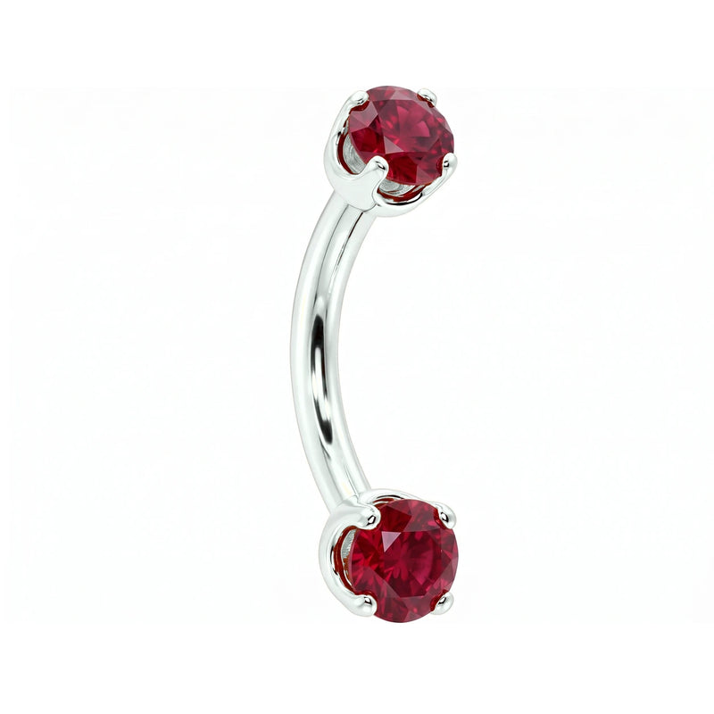 14k white gold dainty 18G curved barbell with two 2mm round rubies, angled view