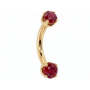14k yellow gold dainty 18G curved barbell with two 2mm round rubies, angled view