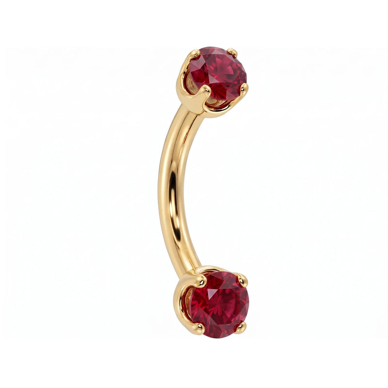 14k yellow gold dainty 18G curved barbell with two 2mm round rubies, angled view