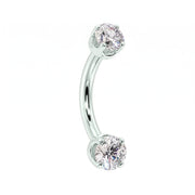 14k white gold dainty 18G curved barbell with two 2mm round clear gems, angled view