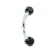 14k white gold dainty 18G curved barbell with two 2mm round black diamonds, angled view