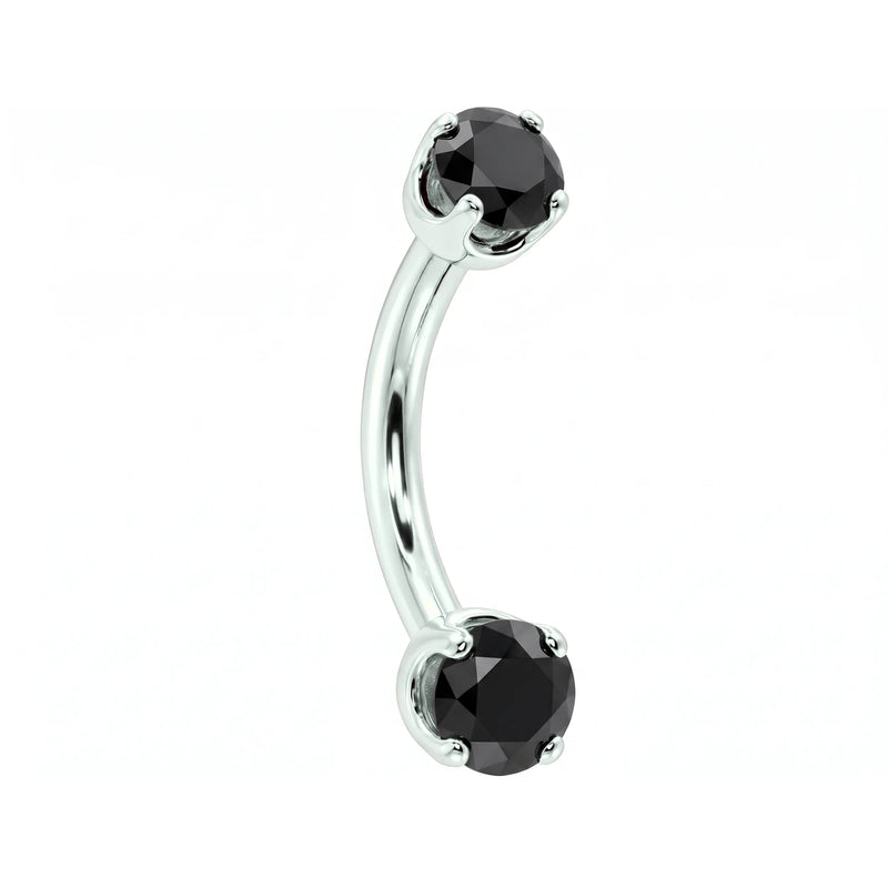 14k white gold dainty 18G curved barbell with two 2mm round black diamonds, angled view