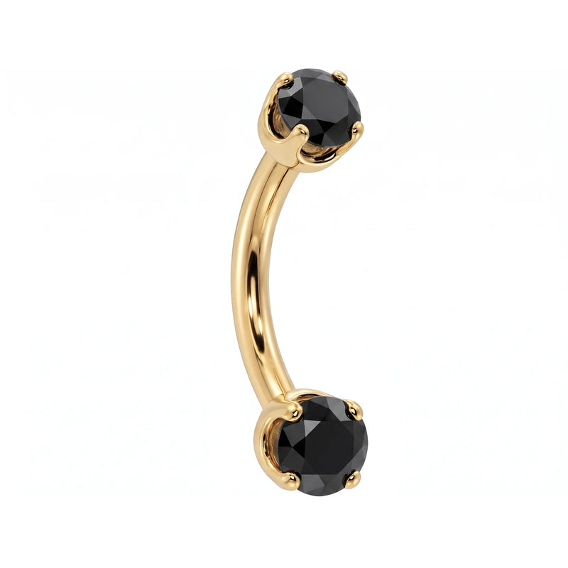 14k yellow gold dainty 18G curved barbell with two 2mm round black diamonds, angled view
