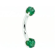 14k white gold dainty 18G curved barbell with two 2mm round emeralds, angled view
