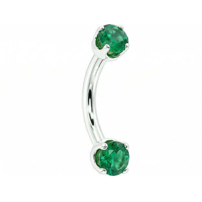 14k white gold dainty 18G curved barbell with two 2mm round emeralds, angled view