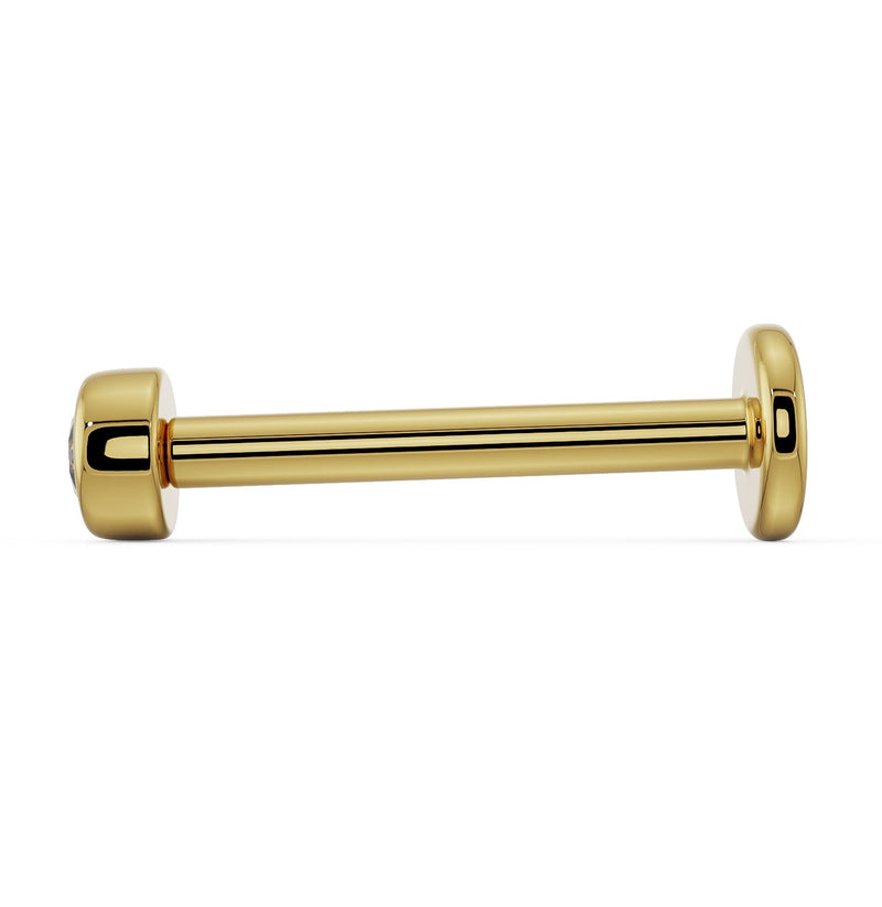 Side profile view of 14k yellow gold flat back labret showing post length and flat backing disc