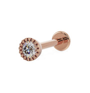 14k rose gold 2mm diamond perlage bezel flat back labret stud, angled view showing warm pink tone
