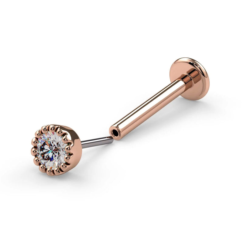 14k rose gold 2mm diamond perlage threadless flat back labret, side view showing push-pin connection