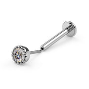 14k white gold 2mm diamond perlage threadless flat back labret, side view showing push-pin connection