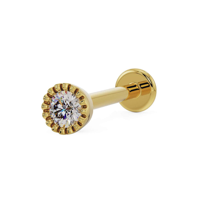 14k yellow gold 2mm diamond perlage bezel flat back labret stud, angled view showing textured setting
