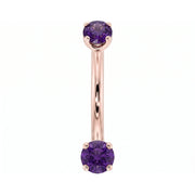 14k rose gold dainty 18G curved barbell with two 2mm round amethyst gems, front view