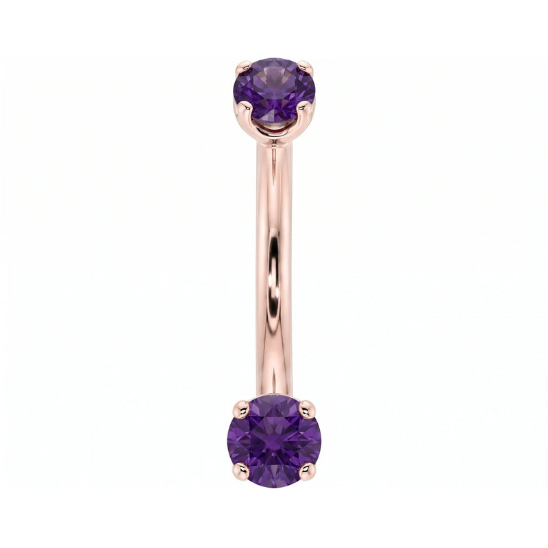 14k rose gold dainty 18G curved barbell with two 2mm round amethyst gems, front view