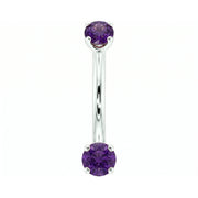 14k white gold dainty 18G curved barbell with two 2mm round amethyst gems, front view