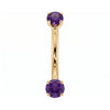 14k yellow gold dainty 18G curved barbell with two 2mm round amethyst gems, front view