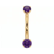 14k yellow gold dainty 18G curved barbell with two 2mm round amethyst gems, front view