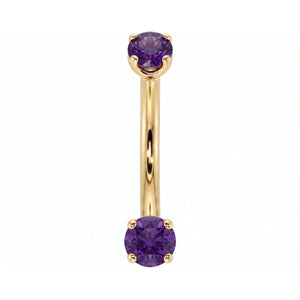 14k yellow gold dainty 18G curved barbell with two 2mm round amethyst gems, front view