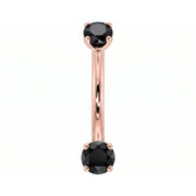 14k rose gold dainty 18G curved barbell with two 2mm round black diamonds, front view