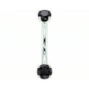 14k white gold dainty 18G curved barbell with two 2mm round black diamonds, front view