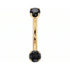 14k yellow gold dainty 18G curved barbell with two 2mm round black diamonds, front view