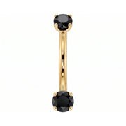 14k yellow gold dainty 18G curved barbell with two 2mm round black diamonds, front view