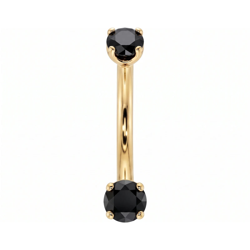 14k yellow gold dainty 18G curved barbell with two 2mm round black diamonds, front view