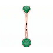 14k rose gold dainty 18G curved barbell with two 2mm round emeralds, front view