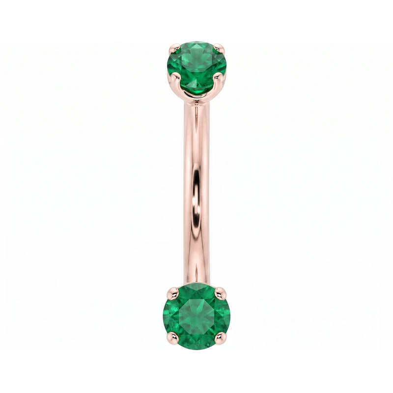 14k rose gold dainty 18G curved barbell with two 2mm round emeralds, front view