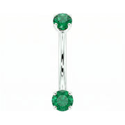 14k white gold dainty 18G curved barbell with two 2mm round emeralds, front view