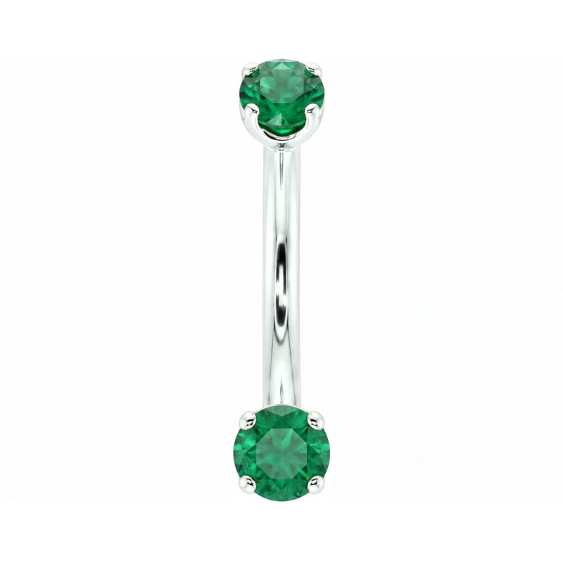 14k white gold dainty 18G curved barbell with two 2mm round emeralds, front view