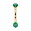 14k yellow gold dainty 18G curved barbell with two 2mm round emeralds, front view