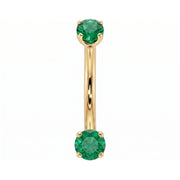 14k yellow gold dainty 18G curved barbell with two 2mm round emeralds, front view