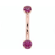 Dainty 2mm pink sapphire prong-set curved barbell in 14k rose gold, 18 gauge, front view