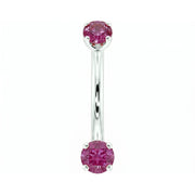 Dainty 2mm pink sapphire prong-set curved barbell in 14k white gold, 18 gauge, front view