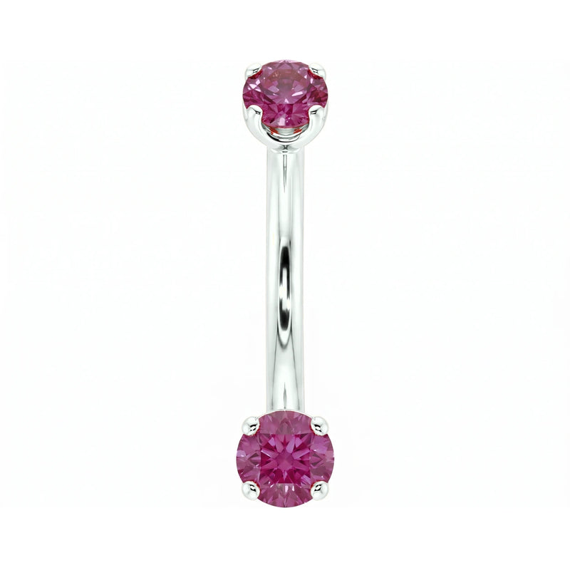 Dainty 2mm pink sapphire prong-set curved barbell in 14k white gold, 18 gauge, front view